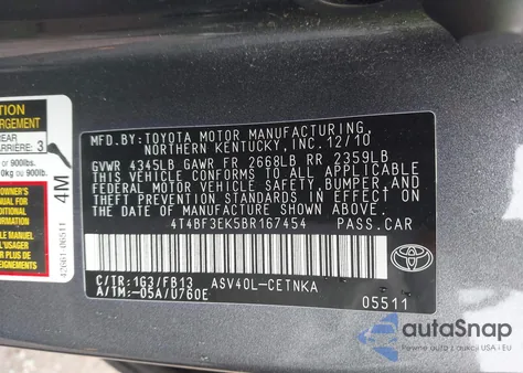 2011 Toyota Camry Le z USA, uszkodzony, nr VIN 4T4BF3EK5BR167454